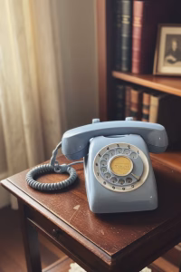 All-original 1960s GPO 746 rotary telephone in slate blue, showing authentic vintage patina, iconic British design for collectors