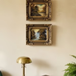 Elevate your walls with these 26cm ornate gold-framed landscape paintings. Featuring classical nature scenes in a Baroque-style frame, these artworks are perfect for Dark Academia interiors in Lebanon. Shop the pair at Rockfort Boutique.