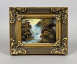 Small landscape oil-style painting in a highly detailed ornate gold Baroque frame, featuring a misty mountain stream, styled on a dark wood library shelf