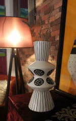 Modern EDG Enzo De Gasperi ceramic vase with black and white vertical stripes and geometric circles, 29cm tall Italian designer totem vase