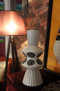 Modern EDG Enzo De Gasperi ceramic vase with black and white vertical stripes and geometric circles, 29cm tall Italian designer totem vase