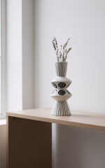 Modern EDG Enzo De Gasperi ceramic vase with black and white vertical stripes and geometric circles, 29cm tall Italian designer totem vase