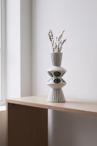 Modern EDG Enzo De Gasperi ceramic vase with black and white vertical stripes and geometric circles, 29cm tall Italian designer totem vase