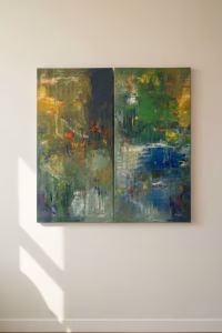 Large two-piece abstract oil painting diptych by Didi titled Pasture, featuring textured forest green and gold hues, styled in a luxury high-ceiling living room