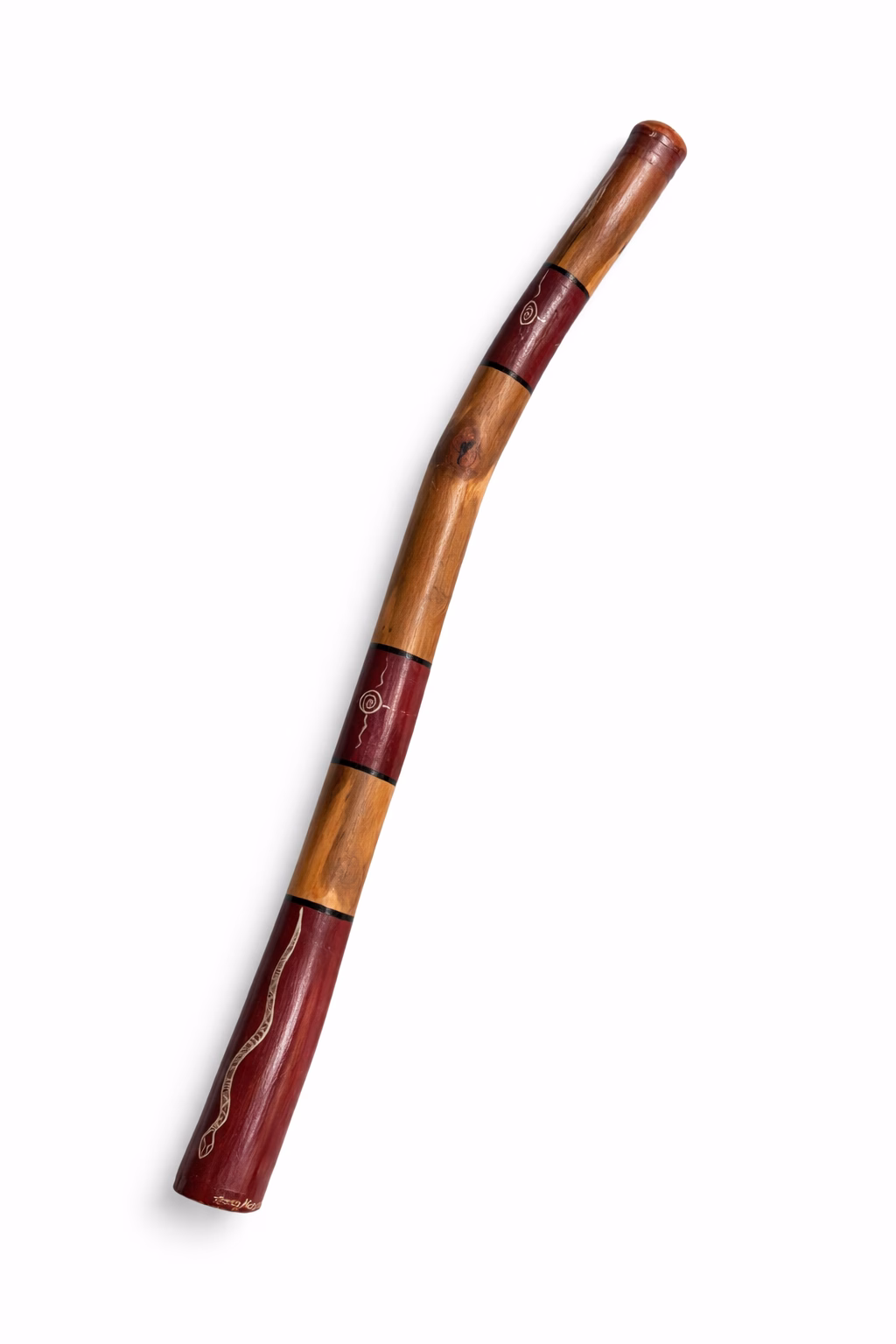 Premium master-crafted Aboriginal didgeridoo featuring bold ochre-toned bands and traditional lizard motifs set against deep earth-red panels from RockFort Lebanon