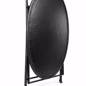 Sophisticated oval foldable coffee table with a hand-stitched black leather top and minimalist metal frame from RockFort vintage furniture store in Lebanon.