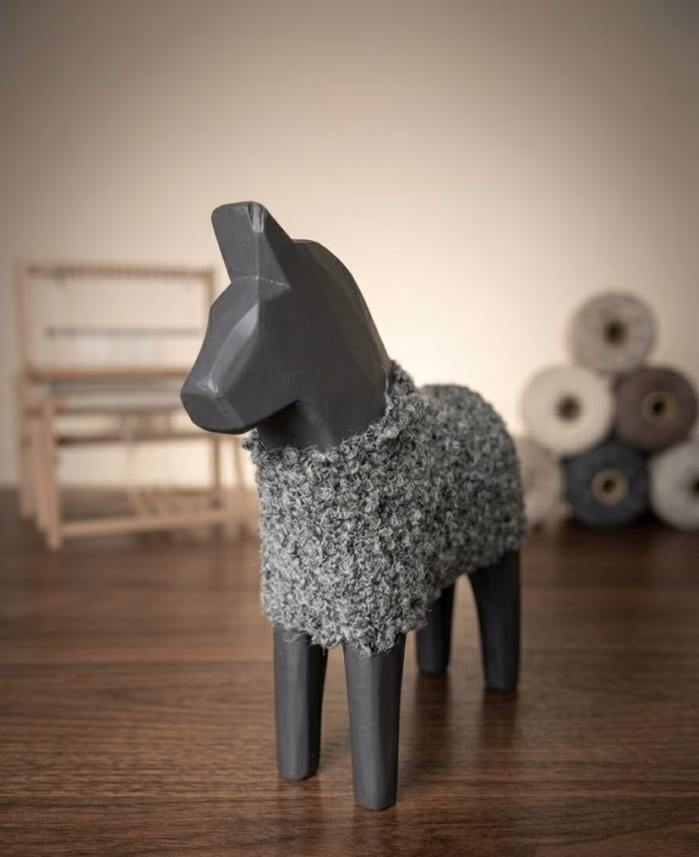 Modern minimalist wooden horse sculpture with a matte black finish and a hand-knitted textured wool coat from RockFort decor boutique in Lebanon.