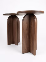 Handmade solid walnut side table featuring a smooth round top and a unique sculptural architectural base from RockFort design store in Lebanon.