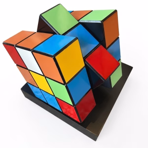Handmade wooden cube art, geometric desk sculpture, hand-painted wooden block, modern artistic home decor, unique library centerpiece, artisanal sculptural decor