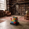 Handmade wooden cube art, geometric desk sculpture, hand-painted wooden block, modern artistic home decor, unique library centerpiece, artisanal sculptural decor