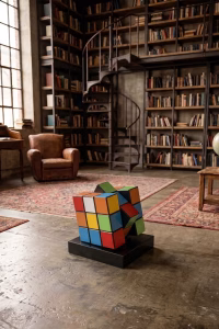 Handmade wooden cube art, geometric desk sculpture, hand-painted wooden block, modern artistic home decor, unique library centerpiece, artisanal sculptural decor