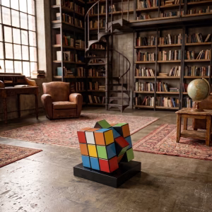 Handmade wooden cube art, geometric desk sculpture, hand-painted wooden block, modern artistic home decor, unique library centerpiece, artisanal sculptural decor