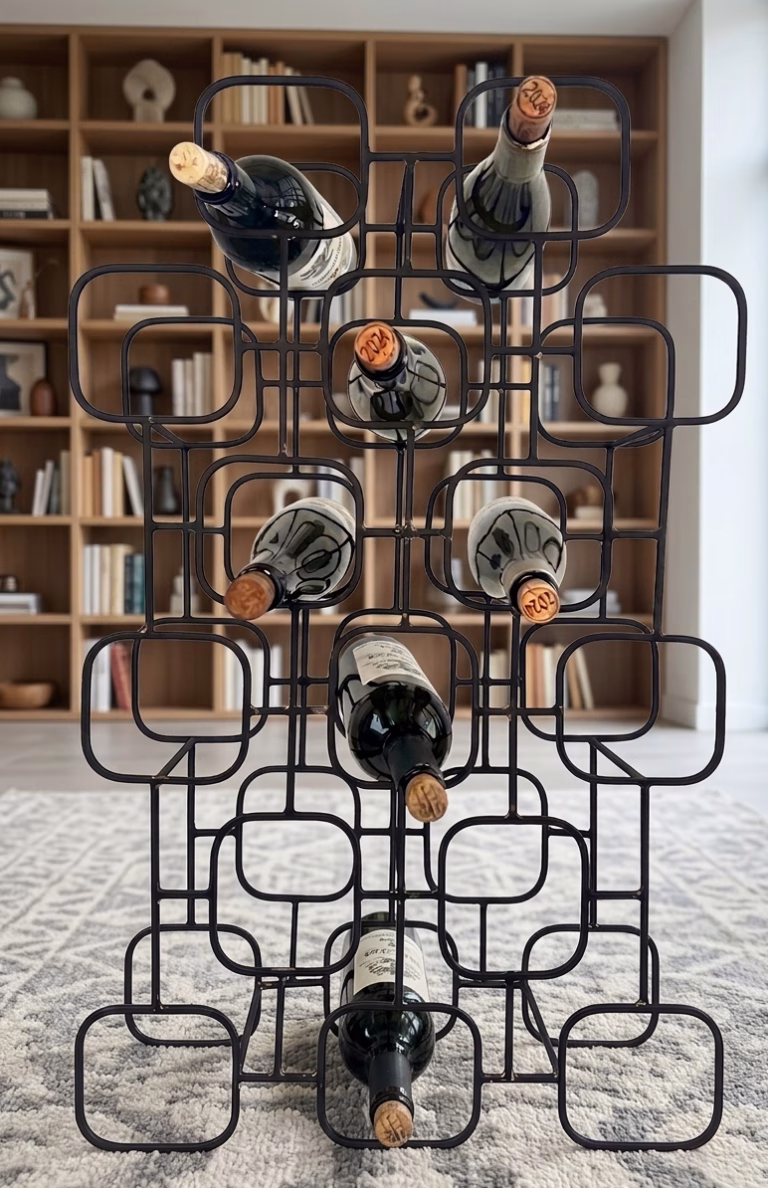 Mid-century modern geometric wine rack crafted from matte black metal with a 15-bottle capacity grid display from RockFort furniture store in Lebanon.