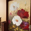 Classic floral still life oil painting on canvas featuring blooming crimson and white peonies in a natural wood frame from RockFort decor store in Lebanon.