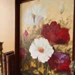 Classic floral still life oil painting on canvas featuring blooming crimson and white peonies in a natural wood frame from RockFort decor store in Lebanon.