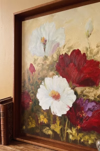 Classic floral still life oil painting on canvas featuring blooming crimson and white peonies in a natural wood frame from RockFort decor store in Lebanon.