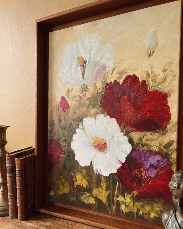 Classic floral still life oil painting on canvas featuring blooming crimson and white peonies in a natural wood frame from RockFort decor store in Lebanon.