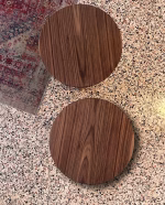 Handmade solid walnut side table featuring a smooth round top and a unique sculptural architectural base from RockFort design store in Lebanon.
