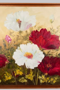 Classic floral still life oil painting on canvas featuring blooming crimson and white peonies in a natural wood frame from RockFort decor store in Lebanon.