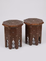 Pair of vintage Damascus style side tables featuring intricate hand-carved wood and iridescent mother of pearl inlays from RockFort Lebanon.