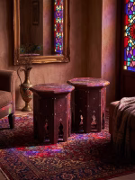 Pair of vintage Damascus style side tables featuring intricate hand-carved wood and iridescent mother of pearl inlays from RockFort Lebanon.
