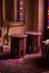 Pair of vintage Damascus style side tables featuring intricate hand-carved wood and iridescent mother of pearl inlays from RockFort Lebanon.