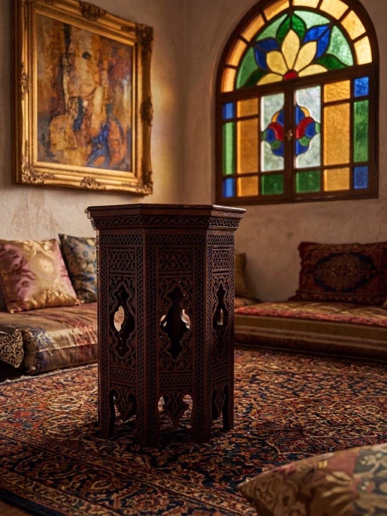 Hand-carved Damascus style miniature accent table featuring an octagonal top with geometric relief and an arched fretwork base from RockFort Lebanon.