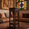 Two-tier hand-carved Damascus style pedestal table featuring a dark patina wood finish, square top, and detailed geometric relief carvings from RockFort Lebanon.