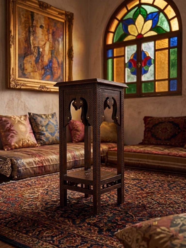 Two-tier hand-carved Damascus style pedestal table featuring a dark patina wood finish, square top, and detailed geometric relief carvings from RockFort Lebanon.