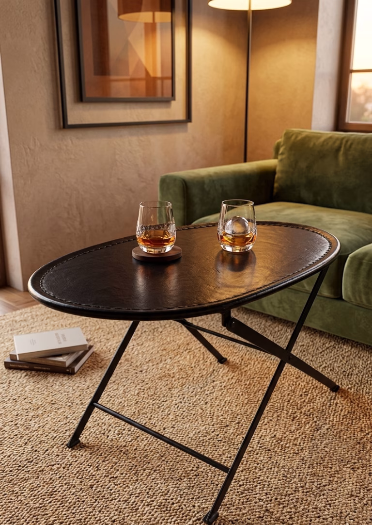 Sophisticated oval foldable coffee table with a hand-stitched black leather top and minimalist metal frame from RockFort vintage furniture store in Lebanon.