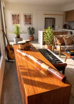Premium master-crafted Aboriginal didgeridoo featuring bold ochre-toned bands and traditional lizard motifs set against deep earth-red panels from RockFort Lebanon