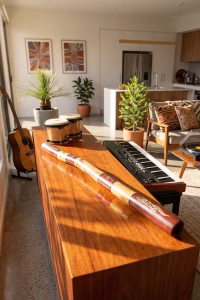 Premium master-crafted Aboriginal didgeridoo featuring bold ochre-toned bands and traditional lizard motifs set against deep earth-red panels from RockFort Lebanon