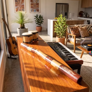 Premium master-crafted Aboriginal didgeridoo featuring bold ochre-toned bands and traditional lizard motifs set against deep earth-red panels from RockFort Lebanon