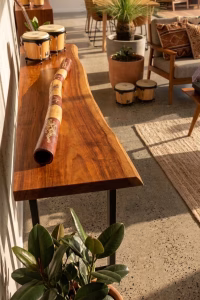 Premium master-crafted Aboriginal didgeridoo featuring bold ochre-toned bands and traditional lizard motifs set against deep earth-red panels from RockFort Lebanon