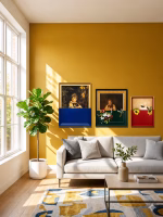 Set of three modern classic portrait paintings featuring bold red, green, and blue color-blocked bases in elegant frames from RockFort Lebanon.