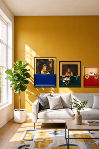 Set of three modern classic portrait paintings featuring bold red, green, and blue color-blocked bases in elegant frames from RockFort Lebanon.