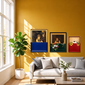 Set of three modern classic portrait paintings featuring bold red, green, and blue color-blocked bases in elegant frames from RockFort Lebanon.