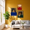 Set of three modern classic portrait paintings featuring bold red, green, and blue color-blocked bases in elegant frames from RockFort Lebanon.