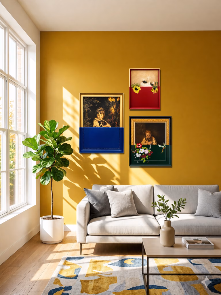 Set of three modern classic portrait paintings featuring bold red, green, and blue color-blocked bases in elegant frames from RockFort Lebanon.