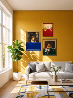 Set of three modern classic portrait paintings featuring bold red, green, and blue color-blocked bases in elegant frames from RockFort Lebanon.