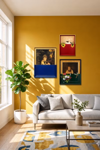 Set of three modern classic portrait paintings featuring bold red, green, and blue color-blocked bases in elegant frames from RockFort Lebanon.