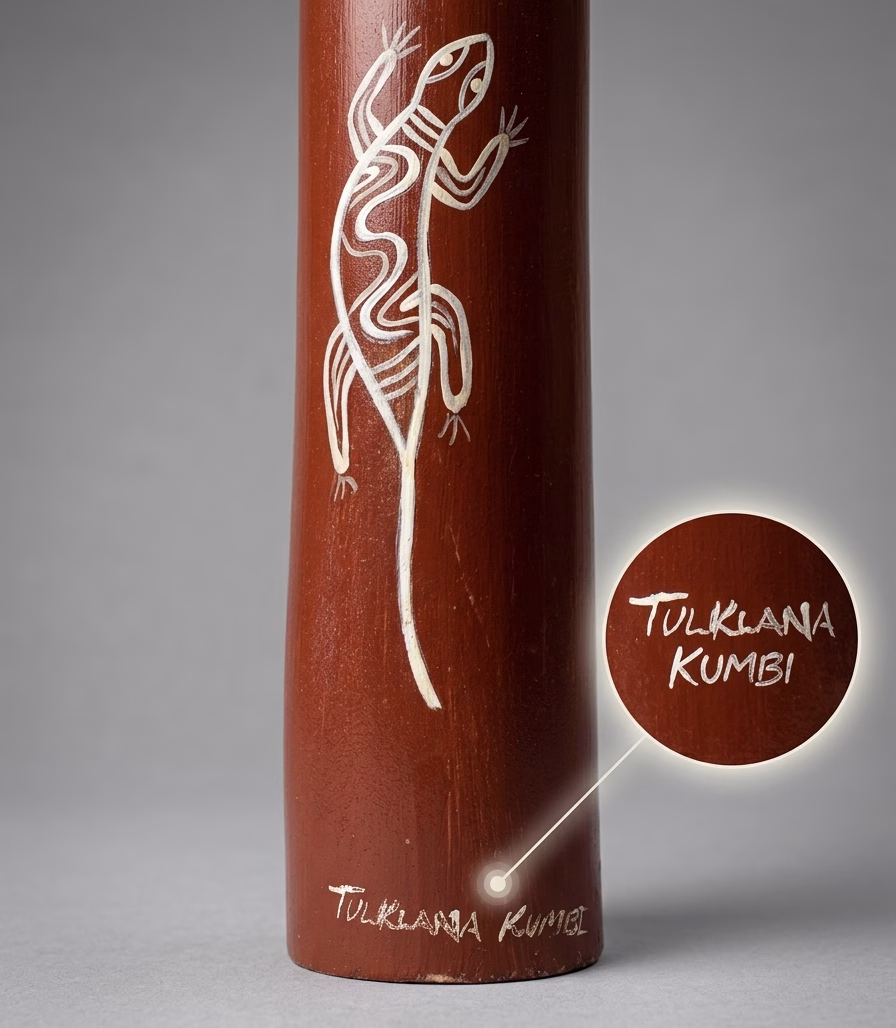 Premium master-crafted Aboriginal didgeridoo featuring bold ochre-toned bands and traditional lizard motifs set against deep earth-red panels from RockFort Lebanon