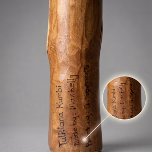 Authentic handcrafted Aboriginal didgeridoo signed by Tulklana Kumbi with intricate traditional carvings and wood-burned animal motifs from RockFort Lebanon
