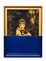 Set of three modern classic portrait paintings featuring bold red, green, and blue color-blocked bases in elegant frames from RockFort Lebanon.