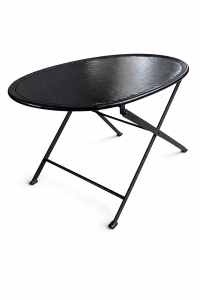 Sophisticated oval foldable coffee table with a hand-stitched black leather top and minimalist metal frame from RockFort vintage furniture store in Lebanon.