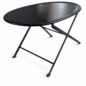 Sophisticated oval foldable coffee table with a hand-stitched black leather top and minimalist metal frame from RockFort vintage furniture store in Lebanon.