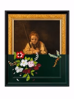 Set of three modern classic portrait paintings featuring bold red, green, and blue color-blocked bases in elegant frames from RockFort Lebanon.