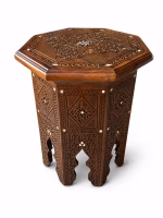 Pair of vintage Damascus style side tables featuring intricate hand-carved wood and iridescent mother of pearl inlays from RockFort Lebanon.