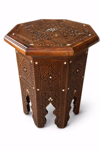 Pair of vintage Damascus style side tables featuring intricate hand-carved wood and iridescent mother of pearl inlays from RockFort Lebanon.