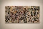 Large multi-layer silkscreen painting on canvas titled Fragments of Existence featuring abstract figures and muted earth tones from RockFort Lebanon.